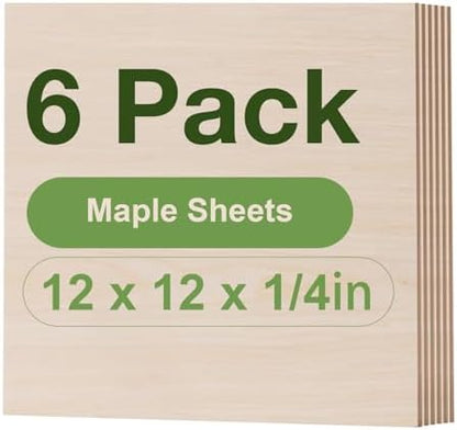 Rowood 6 Pack Maple Plywood 1/4,12x12x1/4inch,6mm Wood Sheets Thin Unfinished Maple Plywood for Laser Cutting and Engraving,DIY Adult Craft Project Kits for Ornaments, Models Drawing,Wood Burning by RowoodAssembleArtDecorateLife