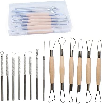 Artzuvs 14Pcs Ceramic Pottery Clay Ribbon Sculpting Tools Kit Wire Texture and Needle Detail Tool with Plastic Box for Carving, Modeling,Sculpture,Trimming by Artzuvs