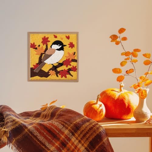 DOODLREAM Chickadee in Autumn Needle Kit for Beginner, 9.4"x 9.4" Fall Bird Punch Stitching Craft Set, DIY Embroidery Starter with Printed Frame, Instruction, Threader, Yarn, Pinch Needle - Image 6