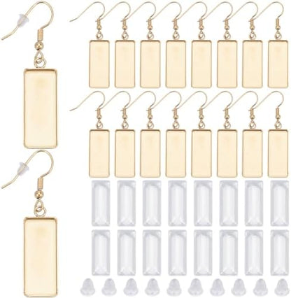 1 Box 60Pcs 20 Sets Gold Bezel Earring Blanks Earrings Wire Hooks Blanks Bezel Trays with 20Pcs 10x25mm Rectangle Glass Cabochon Settings Silicone Earring Backs for Jewelry Making DIY Dangle by SOFPLATE