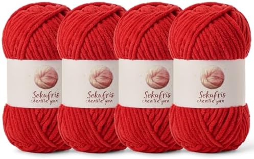 Chenille Blanket Yarn for Crocheting Size 5 Bulky Yarn 4 Red by Sekafris