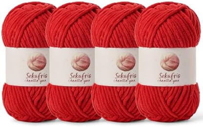 Chenille Blanket Yarn for Crocheting Size 5 Bulky Yarn 4 Red by Sekafris