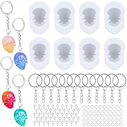 8 Pcs Skull Silicone Molds, 3D Skull Resin Molds with Key Ring Accessory, Halloween Skeleton Head Candle Mold for DIY Keychain, Bracelet, Pendant, Halloween Decor by KINYFY