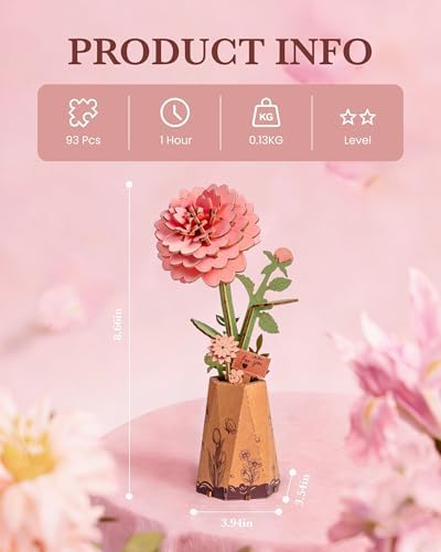 ROBOTIME Pink Dahlia 3D Wooden Puzzle - DIY Flower Craft Kit for Adults, Buildable Artificial Dahlia Model, Valentine's Day Gift for Her, Home Office Decor, Birthday Mother's Day Present - Image 6