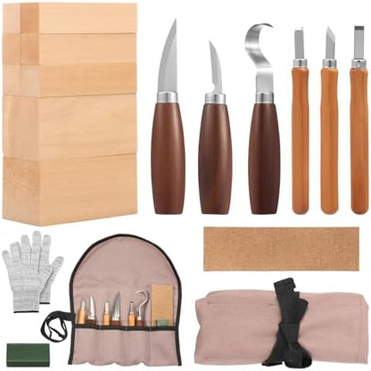 18Pcs Beginner Adult Wood Carving Tool Kit, Wood Whittling Knife Set with Basswood Carving Blocks, Leather Sharpening Strop & Safety Gloves for DIY Projects(Multicolor) by Unknown