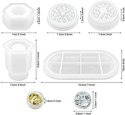 Woohome 3 PCS Large Grinder Resin Mould Tray Epoxy Casting Mould Silicone Jar Mould with Lid, Dried Flowers and Gold Foil Flakes for Herb Grind, Container Storage DIY Making Craft - Image 5