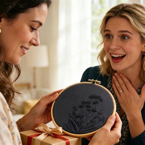 Armindou Black Flowers Embroidery Kits for Beginners Adults, Floral Hand Embroidery Set Needlepoint DIY Kit, Stamped Cross Stitch Kits for Beginners Adult, 2 Embroidery Hoops (Attached Video Tutorial) - Image 4