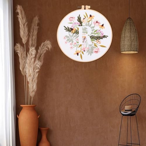 IUHUI Embroidery Kit for Beginners Adults - 26 Floral Letters Easy Patterns, DIY Hand Stitching Embroidery Set with Hoop (Flower and Grass Letter R) - Image 2