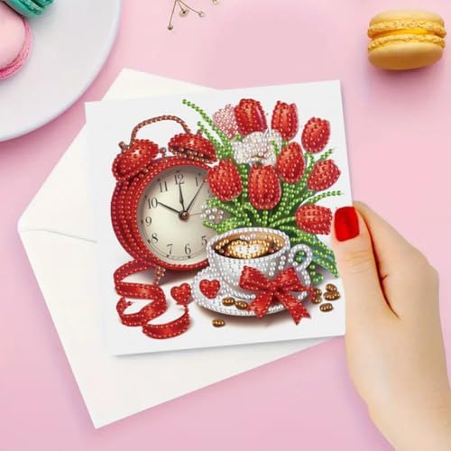 6 Pcs Diamond Painting Greeting Cards Kit Champagne Coffee Tulip Rose Flower with Envelopes, 5D DIY Special Shaped Rhinestone Art Card Making Kits for Adults, Holiday Blessing Postcards Craft Gifts - Image 4