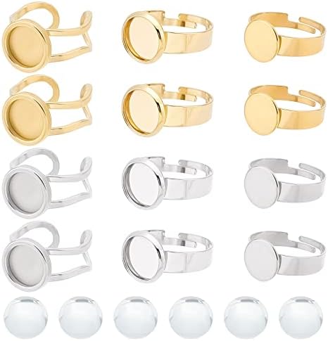 SUNNYCLUE 1 Box 24Pcs 3 Style 10mm Cabochon Ring Blanks Stainless Steel Blank Rings Adjustable Rings Bulk Flat Round Ring Settings Glass Cabochons Ring Bases for jewellery Making Women Adult DIY Craft by SUNNYCLUE