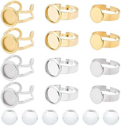 SUNNYCLUE 1 Box 24Pcs 3 Style 10mm Cabochon Ring Blanks Stainless Steel Blank Rings Adjustable Rings Bulk Flat Round Ring Settings Glass Cabochons Ring Bases for jewellery Making Women Adult DIY Craft by SUNNYCLUE