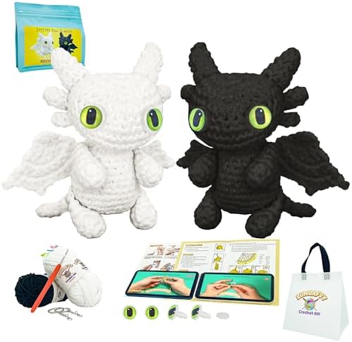 LuNuaFvy Crochet Kit for Beginners, Adults & Kids - Complete Animal Starter Kit to Make 2 Cute Dragons, Easy-to-Follow Book & Video Tutorial, Soft Yarn, Gift & Storage Bags by CrochetKits