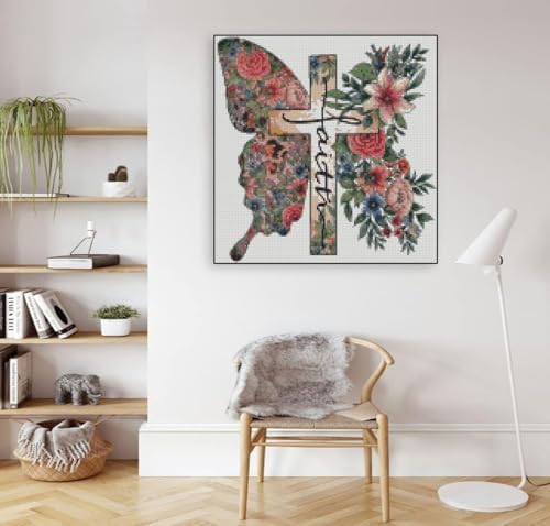 Butterfly Flower Stamped Cross Stitch Kits Cross Stitch Patterns,Religious Cross Dimensions Cross Stitch Kits Embroidery Kit Arts and Crafts for Beginners 13.7x13.7 inch - Image 3