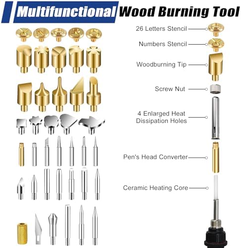 Wood Burning Kit, 163 Pcs Wood Burner Tool Kit with letters and numbers, Pyrography Pen with Adjustable Temperature Control Various Tips Stencils, Woodworking Leather Embossing Carving Soldering-black - Image 4