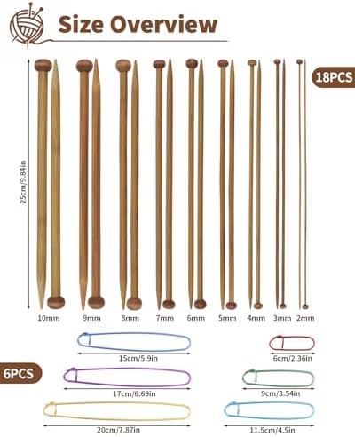 9 Pairs Bamboo Knitting Needles Set with 6 Stitch Holders, 2-10mm Single Point Wooden Knitting Needles, 10in Long for Scarves, Hats, Beginners, Complete Knitting Accessories Kit - Image 2