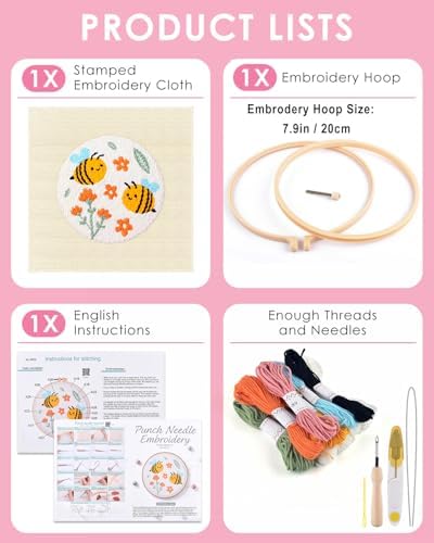 TINDTOP Punch Needle Kits, DIY Punch Embroidery Kits for Adults Beginner, Tool with Punch Needle Fabric, Hoops, Yarns and Sewing Needles (Set E) - Image 2