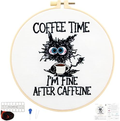 Cute Cat Embroidery Kits for Beginners Adults, Coffee Hand Embroidery Starter Kit, Stamped Cross Stitch Kits for Beginners Adult Craft Kit for Women, Entire Set of Embroidery Supplies & Video Tutorial by Unknown