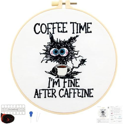 Cute Cat Embroidery Kits for Beginners Adults, Coffee Hand Embroidery Starter Kit, Stamped Cross Stitch Kits for Beginners Adult Craft Kit for Women, Entire Set of Embroidery Supplies & Video Tutorial by Unknown