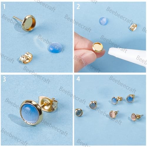 Beebeecraft 1 Box 50Pcs Post Stud Earring Findings 18K Gold Plated Blanks Round Cabochon Prong Earring Bezels Trays Settings with 6mm Tray and 50Pcs Backs for Jewelry Making - Image 6