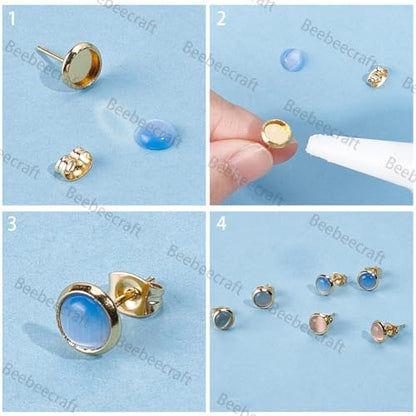 Beebeecraft 1 Box 50Pcs Post Stud Earring Findings 18K Gold Plated Blanks Round Cabochon Prong Earring Bezels Trays Settings with 6mm Tray and 50Pcs Backs for Jewelry Making - Image 6