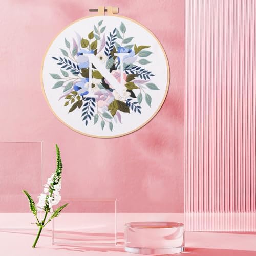 IUHUI Embroidery Kit for Beginners Adults - 26 Floral Letters Easy Patterns, DIY Hand Stitching Embroidery Set with Hoop (Flower and Grass Letter N) - Image 3