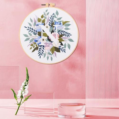 IUHUI Embroidery Kit for Beginners Adults - 26 Floral Letters Easy Patterns, DIY Hand Stitching Embroidery Set with Hoop (Flower and Grass Letter N) - Image 3