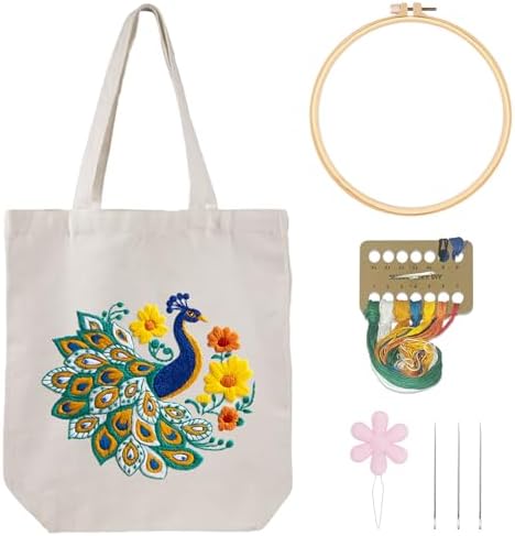 Louise Maelys Peacock Flower Embroidery Kit for Beginners Canvas Tote Bag by LouiseMaelys
