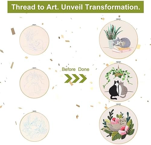 Santune 3 Pack Embroidery Kit for Beginners with Pattern, Cross Stitch Kits for Adults with Instructions,Needlepoint Kits for Adults Include 1 Embroidery Hoops,Color Threads and Needles(Cat) - Image 4