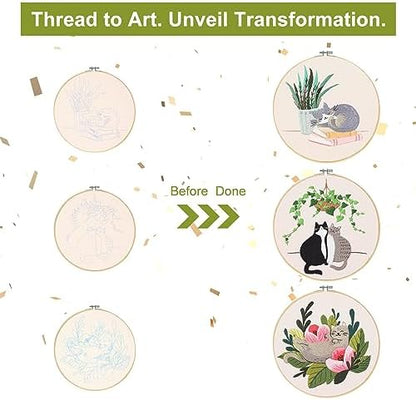 Santune 3 Pack Embroidery Kit for Beginners with Pattern, Cross Stitch Kits for Adults with Instructions,Needlepoint Kits for Adults Include 1 Embroidery Hoops,Color Threads and Needles(Cat) - Image 4