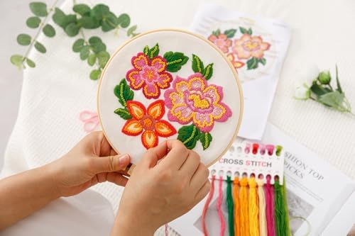 Looples Embroidery Kit for Beginners and Adults with Video Tutorials – DIY Starter Kit with 3 Stamped Floral Patterns, Hoops, Threads, Needles, and Instructions (Floral) - Image 3