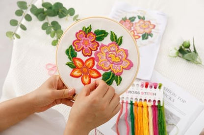 Looples Embroidery Kit for Beginners and Adults with Video Tutorials – DIY Starter Kit with 3 Stamped Floral Patterns, Hoops, Threads, Needles, and Instructions (Floral) - Image 3