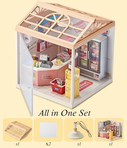 24-Hour Convenience Store DIY Miniature House Kit with Roof & LED Light, Stackable & Connectable Dollhouse Kit with Dustproof Doors, Creative DIY Crafts Building Toy Gift for Adults Teens - Image 6