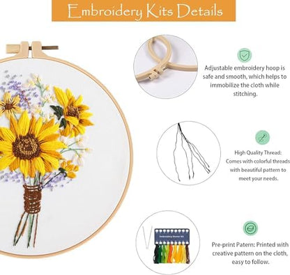 GLTAYLMY 3 Sets Embroidery Starter Kit with Pattern and Instructions, Cross Stitch Set, Stamped Embroidery Kits with 3 Embroidery Clothes with Pattern, 1 Embroidery Hoop(Sunflower) - Image 4