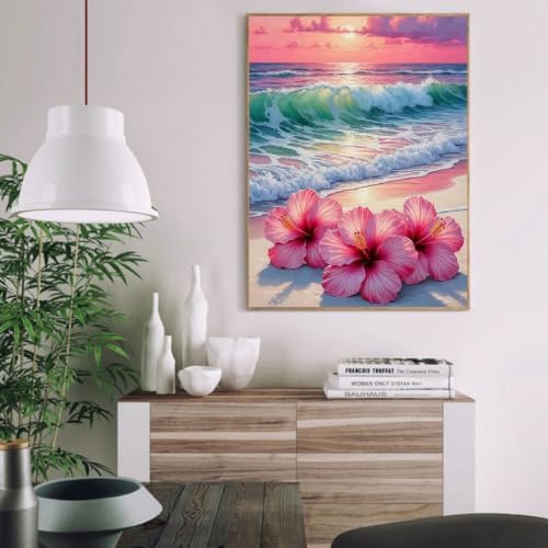 Beach Paint by Numbers Kit for Adults,Flower Paint by Number With Frame - Image 2