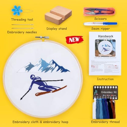 Embroidery Kit for Adult Beginners,Skiers Snow Mountain Embroidery Kit with Step-by-Step Instructions & Video,Printed Cloth,7.87" Hoop,Display Stand,Color Threads and Tools for Craft Lover(BES012) - Image 2