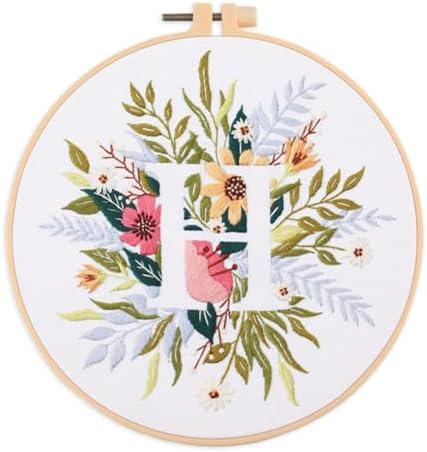 IUHUI Embroidery Kit for Beginners Adults - 26 Floral Letters Easy Patterns, DIY Hand Stitching Embroidery Set with Hoop (Flower and Grass Letter H) by Unknown