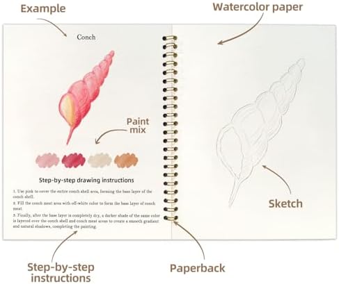 Watercolor Workbook, Water Coloring Book, 12 Different Patterns of Original DIY Designs, 18 Colors Watercolor Paint Set, Beginner-Friendly Watercolor Workbooks(Marine organisms) - Image 3