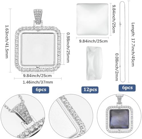 24Pcs 6 Sets Cabochon Necklace Kit Square Bezel Pendant Trays with Glass Cabochons and Chain Rhinestone Rotatable Double Sided Bezel Charms for Jewelry Making Supplies Necklace Gift Adults - Image 2