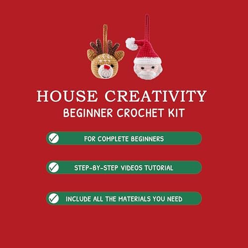 HOUSE CREATIVITY Christmas Crochet Kit for Beginners – Make Santa Claus & Reindeer Ornaments, Amigurumi Crochet Starter Kit with Video Tutorial, Yarn & Hook, DIY Holiday Tree Decor Gift - Image 5