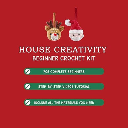 HOUSE CREATIVITY Christmas Crochet Kit for Beginners – Make Santa Claus & Reindeer Ornaments, Amigurumi Crochet Starter Kit with Video Tutorial, Yarn & Hook, DIY Holiday Tree Decor Gift - Image 5