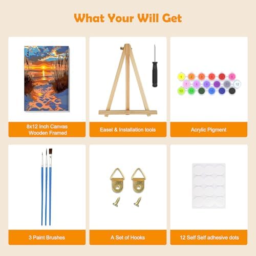 MOGTAA Landscape Paint by Numbers Kit for Adults Beginners with Frame, Beach Adult Paint by Number Kits on Canvas with Easel, Easy DIY Sunset Oil Painting Kits for Home Decor, 8x12in - Image 5