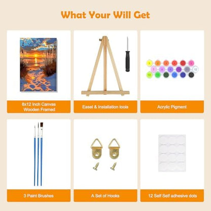 MOGTAA Landscape Paint by Numbers Kit for Adults Beginners with Frame, Beach Adult Paint by Number Kits on Canvas with Easel, Easy DIY Sunset Oil Painting Kits for Home Decor, 8x12in - Image 5
