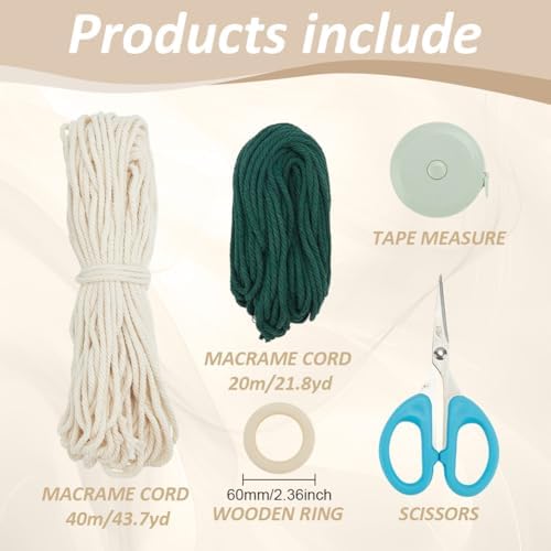 BEUNITONE ﻿Macrame Plant Hanger Kit Indoor for Beginners, 40m White and 20m Green 43.7yards Cotton Macrame Cord, DIY Macrame Supplies Plant Hanger Kits for Adults Beginners with Instructions ﻿ - Image 2