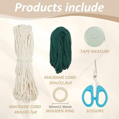 BEUNITONE ﻿Macrame Plant Hanger Kit Indoor for Beginners, 40m White and 20m Green 43.7yards Cotton Macrame Cord, DIY Macrame Supplies Plant Hanger Kits for Adults Beginners with Instructions ﻿ - Image 2