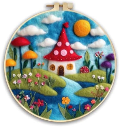 CaptainCrafts DIY Needle Felting Starter Kit with Picture Hoop, Foam Pad, Felt Cloth, Instructions for Home Decoration, Beginner Art Craft (Mushroom House Homestead) by CaptainCrafts