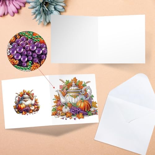 6 Pack Thanksgiving Diamond Painting Greeting Card Kits, DIY Fall Harvest Rhinestone Cards with Envelopes, Autumn-Themed Diamond Art Craft Set with Pumpkins, Corn, Grapes and Give Thanks Message - Image 4