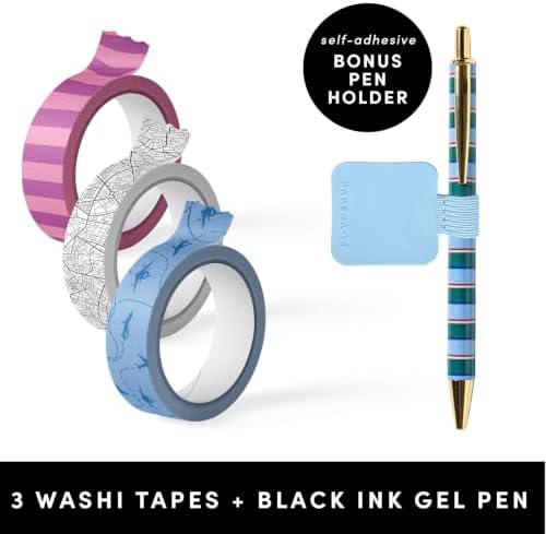 PAPERAGE Travel Journal Kit, Travel Notebook & Scrapbook Set, Hardcover Blank Spiral Notebook, 5 Sticker Sheets, 2 Photo Corners, 3 Washi Tapes & Black-Ink Gel Pen with Pen Holder - Navy - Image 4