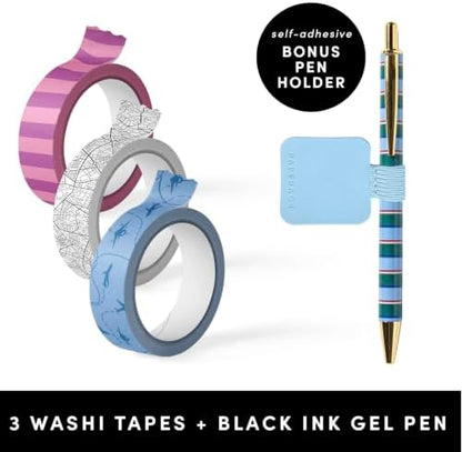 PAPERAGE Travel Journal Kit, Travel Notebook & Scrapbook Set, Hardcover Blank Spiral Notebook, 5 Sticker Sheets, 2 Photo Corners, 3 Washi Tapes & Black-Ink Gel Pen with Pen Holder - Navy - Image 4