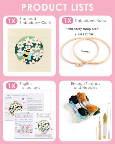 TINDTOP Punch Needle Kits, DIY Punch Embroidery Kits for Adults Beginner, Tool with Punch Needle Fabric, Hoops, Yarns and Sewing Needles (Set D) - Image 2