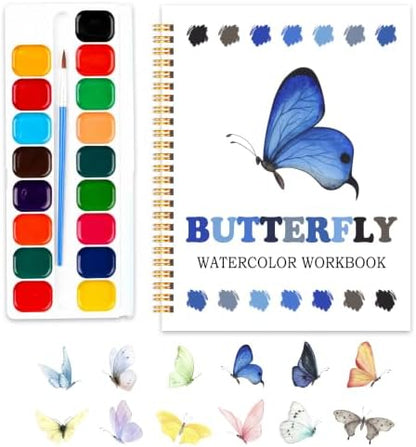 Butterfly Watercolor Workbook, Water Coloring Book, Easy 12 Patterns Watercolor Kit for Beginners, 18 Colors Watercolors Paint Set, Relaxing DIY Art Gift for Adults and Women Teen by SHLINCO